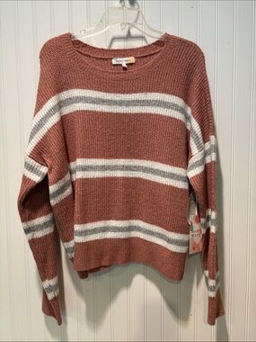 NWT Hazel Moon Rusty Mauve and Gray Striped Crewneck Sweater Size xL
